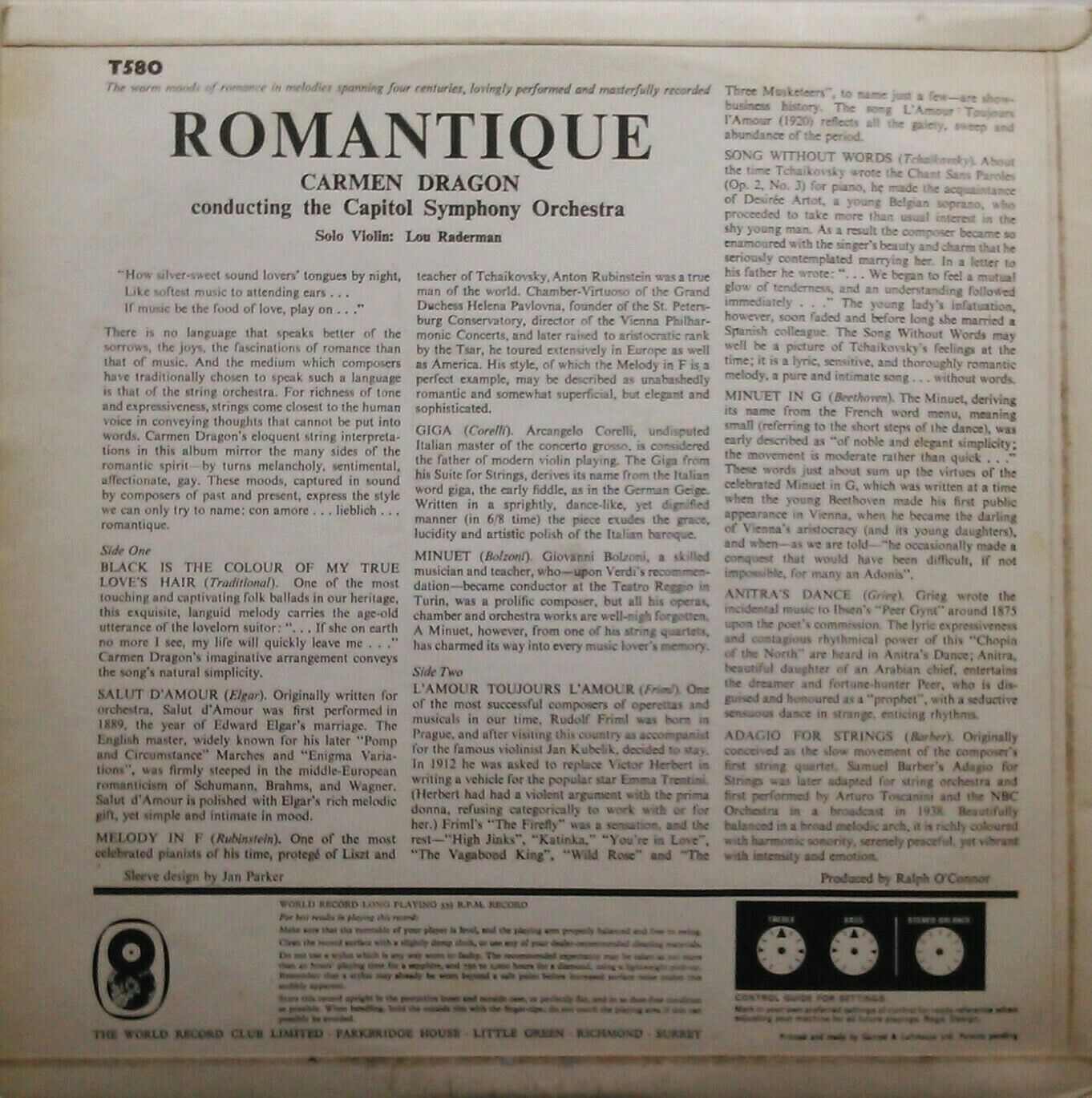 Carmen Dragon - Romantique (World Record Club, 1961) 12" vinyl LP VG/VG