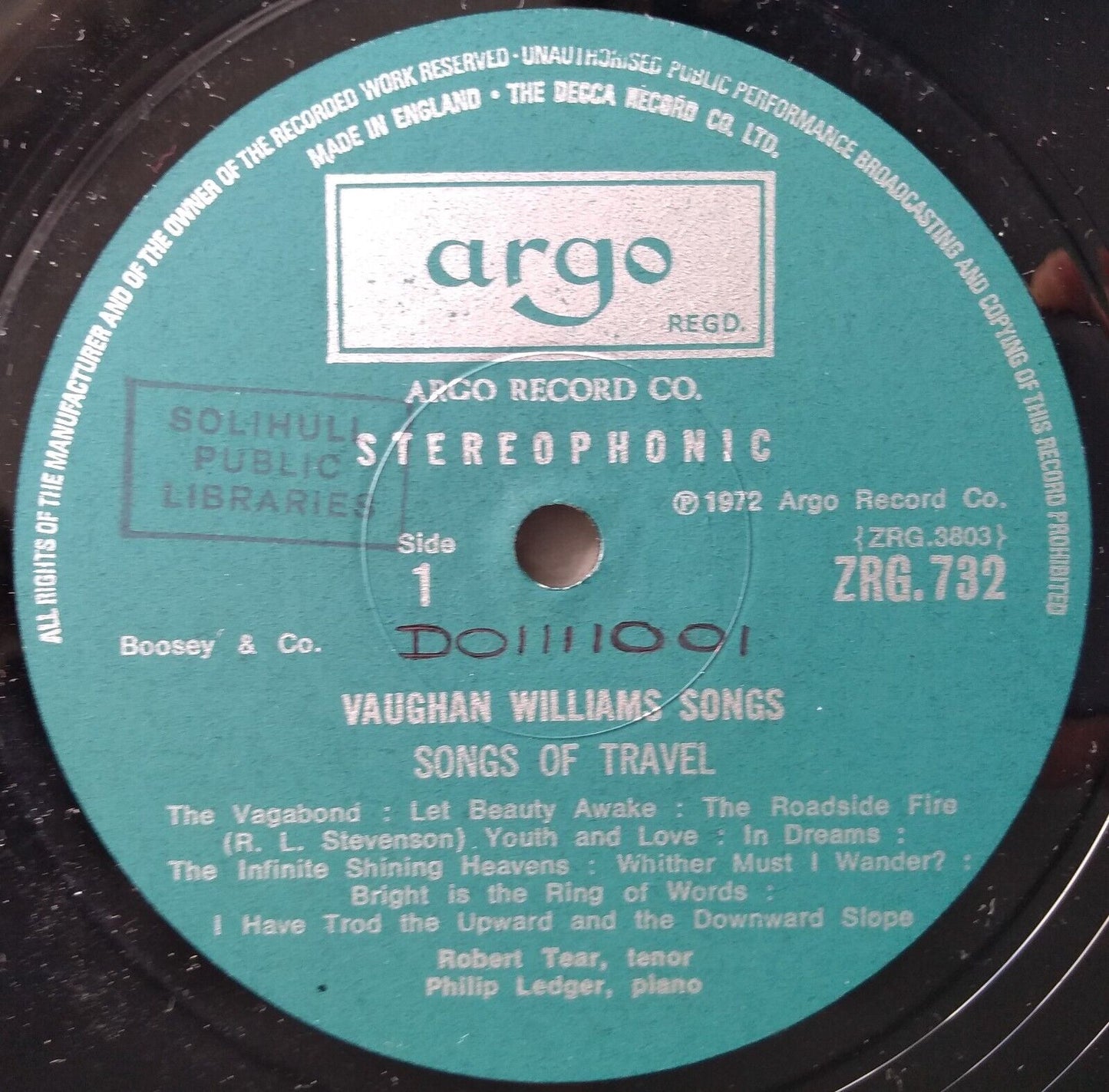 Vaughan Williams, Tear - Songs Of Travel (Argo 1972) 12" vinyl LP VG/VG