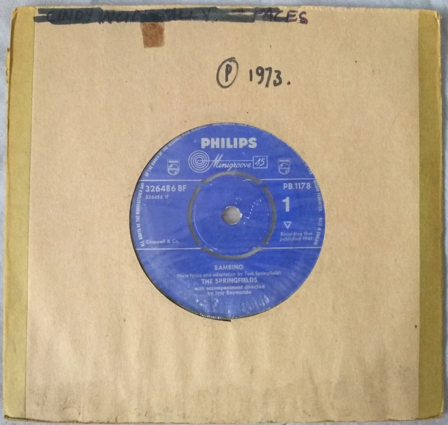 The Springfields – Bambino (Philips 1961) 7" vinyl single VG/-