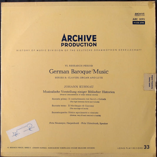 Johann Kuhnau: Musicalische Vorstellung Iniger Biblischer Historien 12" LP VG/VG