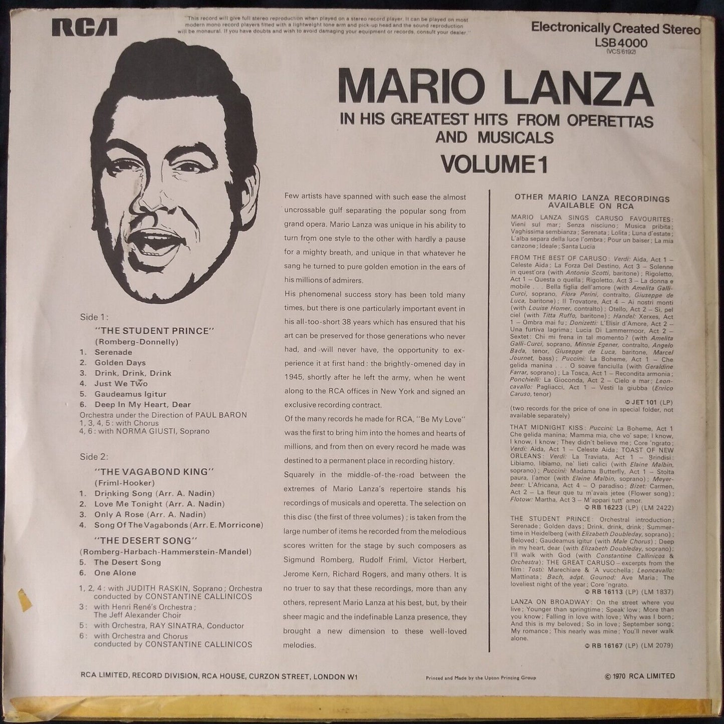 Mario Lanza – In His Greatest Hits From Operettas And Musicals Volume 1 LP VG