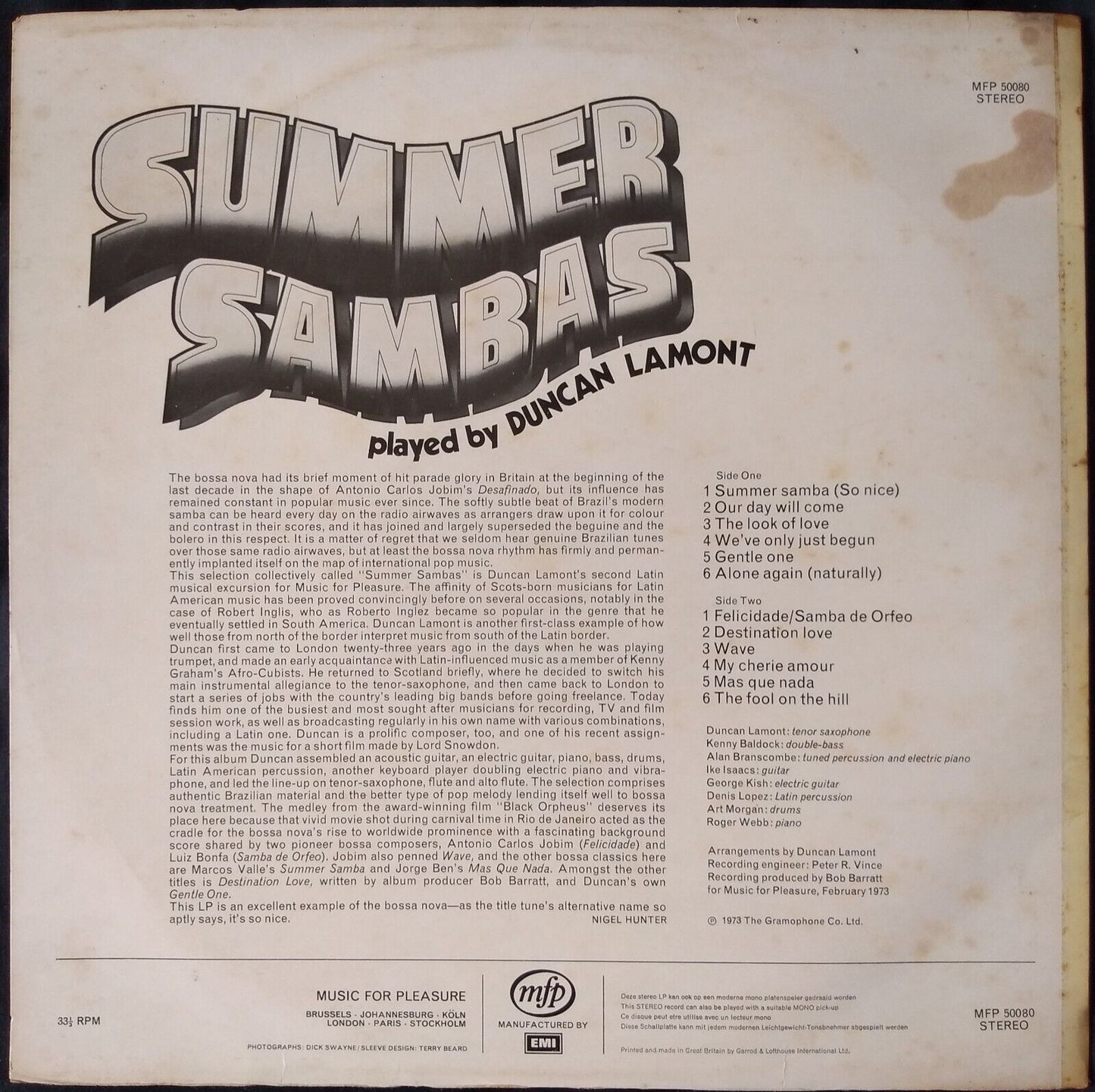 Duncan Lamont - Summer Sambas (MFP 1973) 12" vinyl LP VG/VG