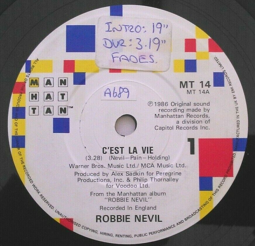 Robbie Nevil - C'Est La Vie (Manhattan, 1986) 7" vinyl single VG/-