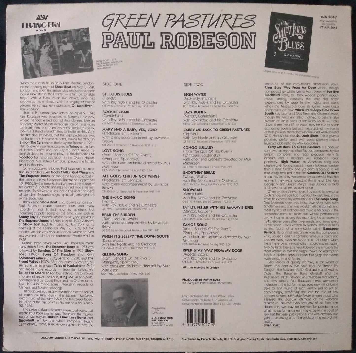 Paul Robeson - Green Pastures (ASV 1987) 12" vinyl LP VG/VG