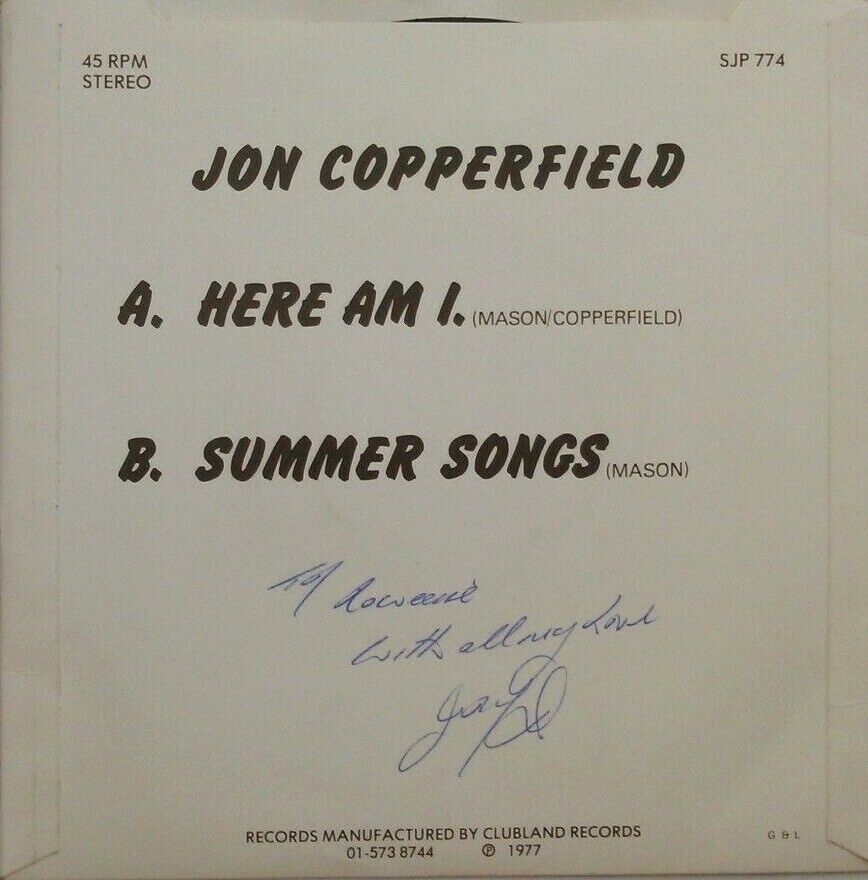 Jon Copperfield - Here Am I (Clubland, 1977) 7" vinyl single VG/VG signed