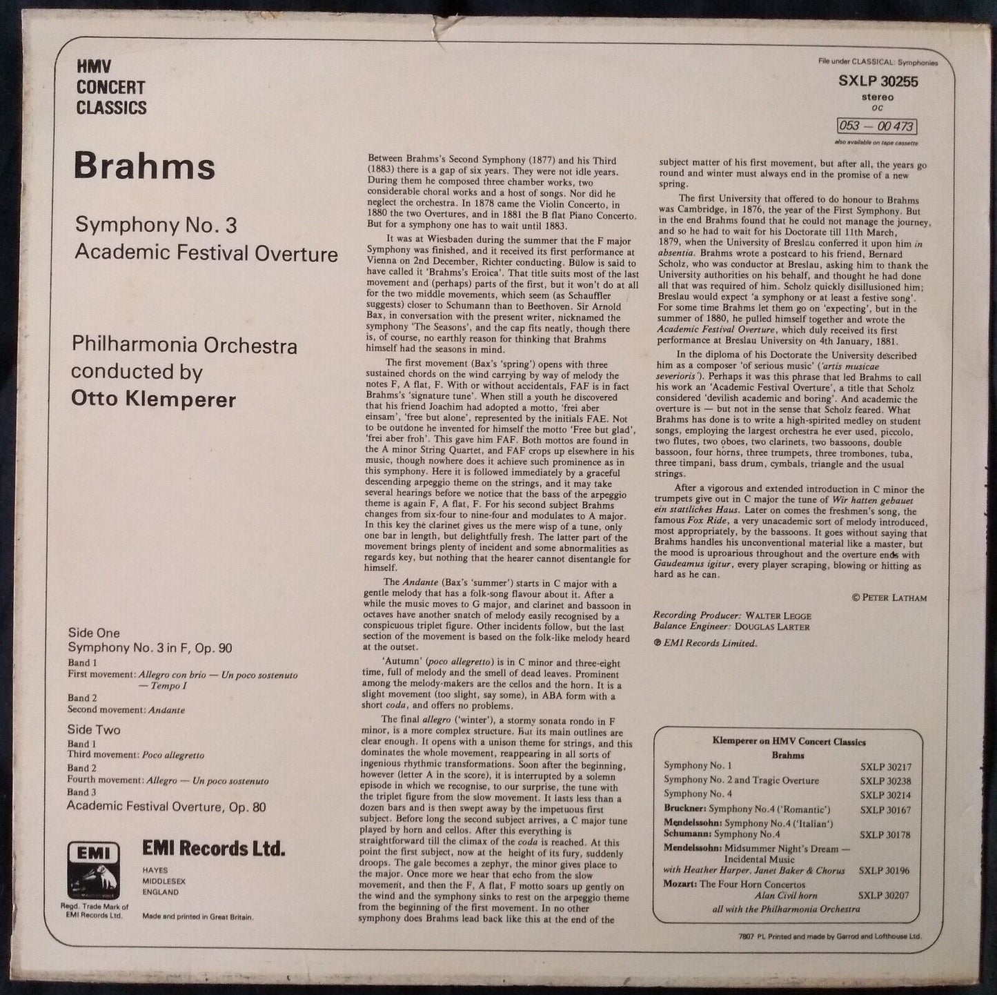 Klemperer Conducts Brahms - Symphony No. 3 (EMI 1976) 12" vinyl LP VG/VG