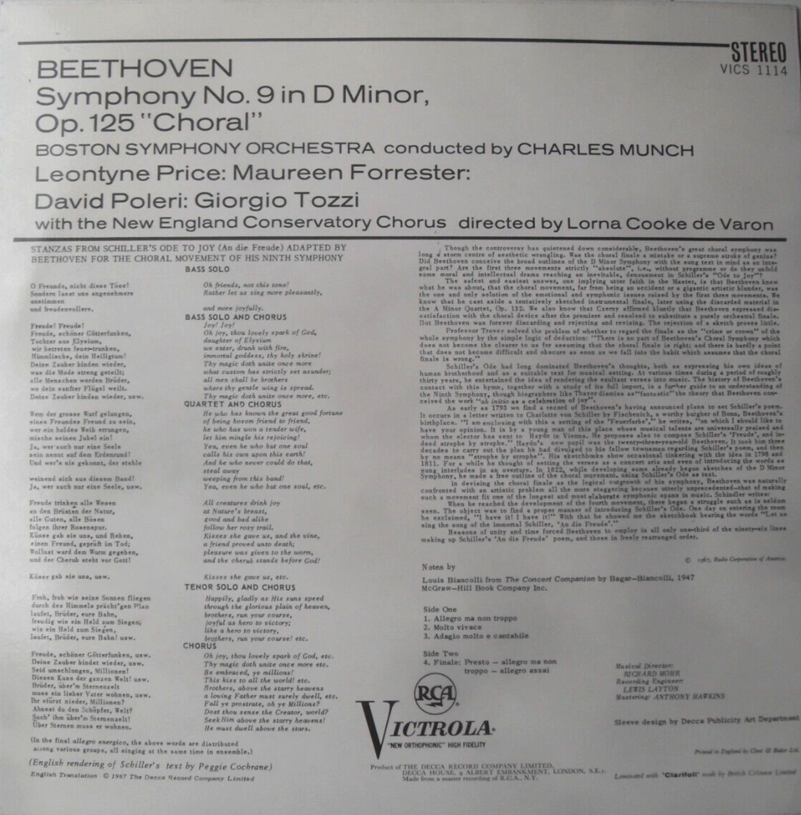 Beethoven - Symphony No. 9 "Choral" (RCA 1967) 12" vinyl LP VG/VG