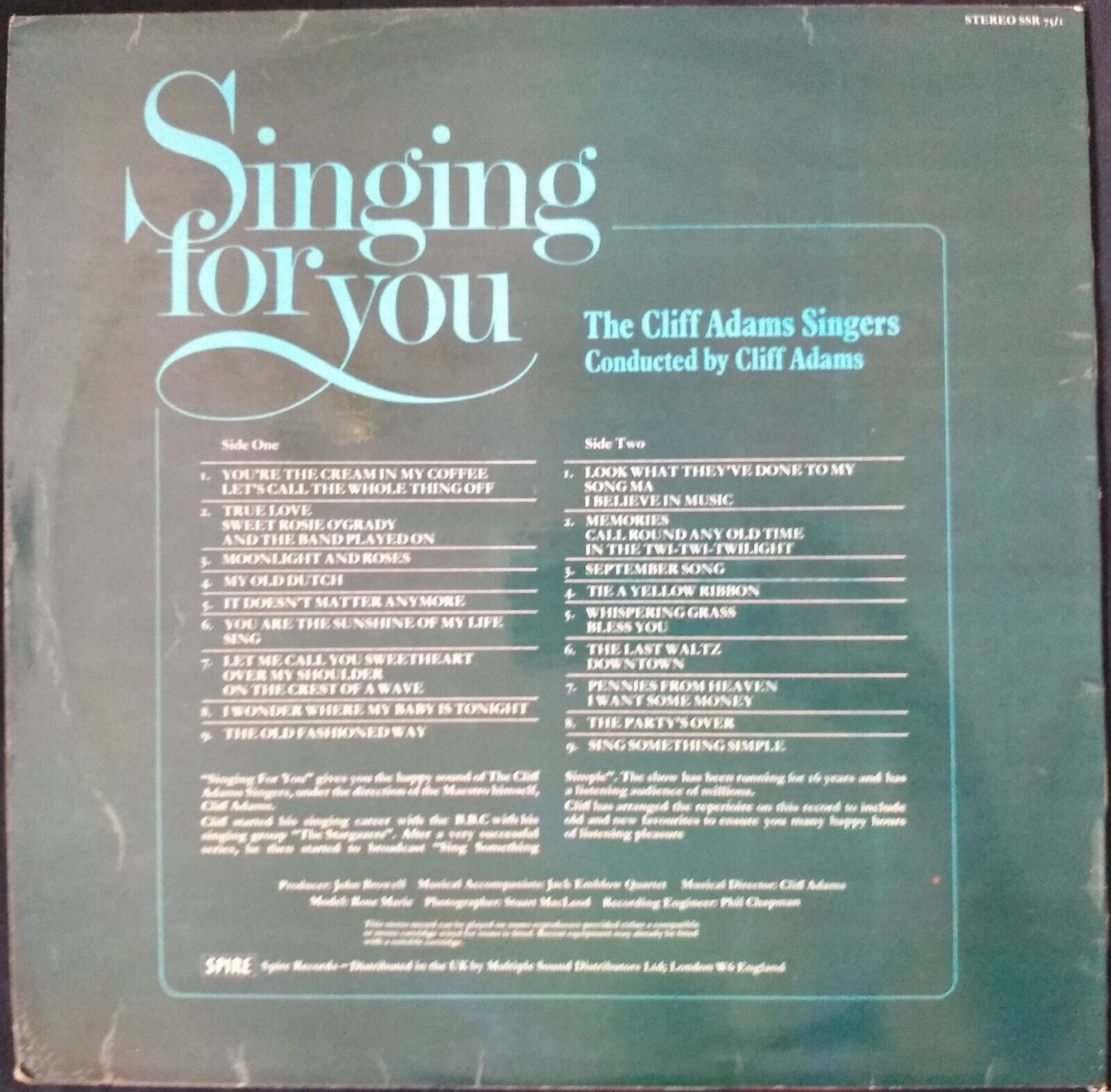 The Cliff Adams Singers - Singing For You (Spire 1975) 12" vinyl LP VG/VG