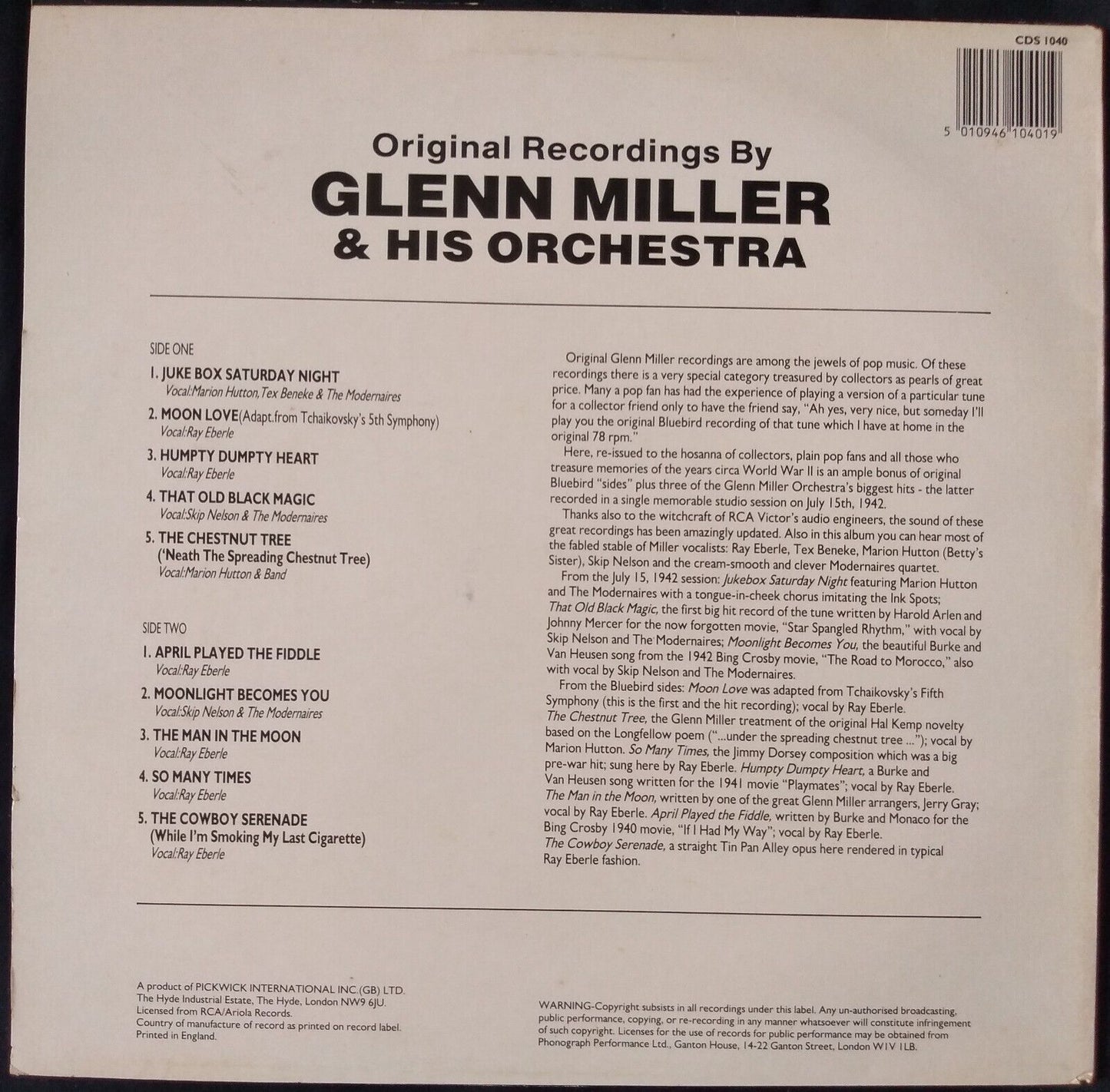 Glenn Miller And His Orchestra - Original Recordings (RCA) 12" vinyl LP VG/VG