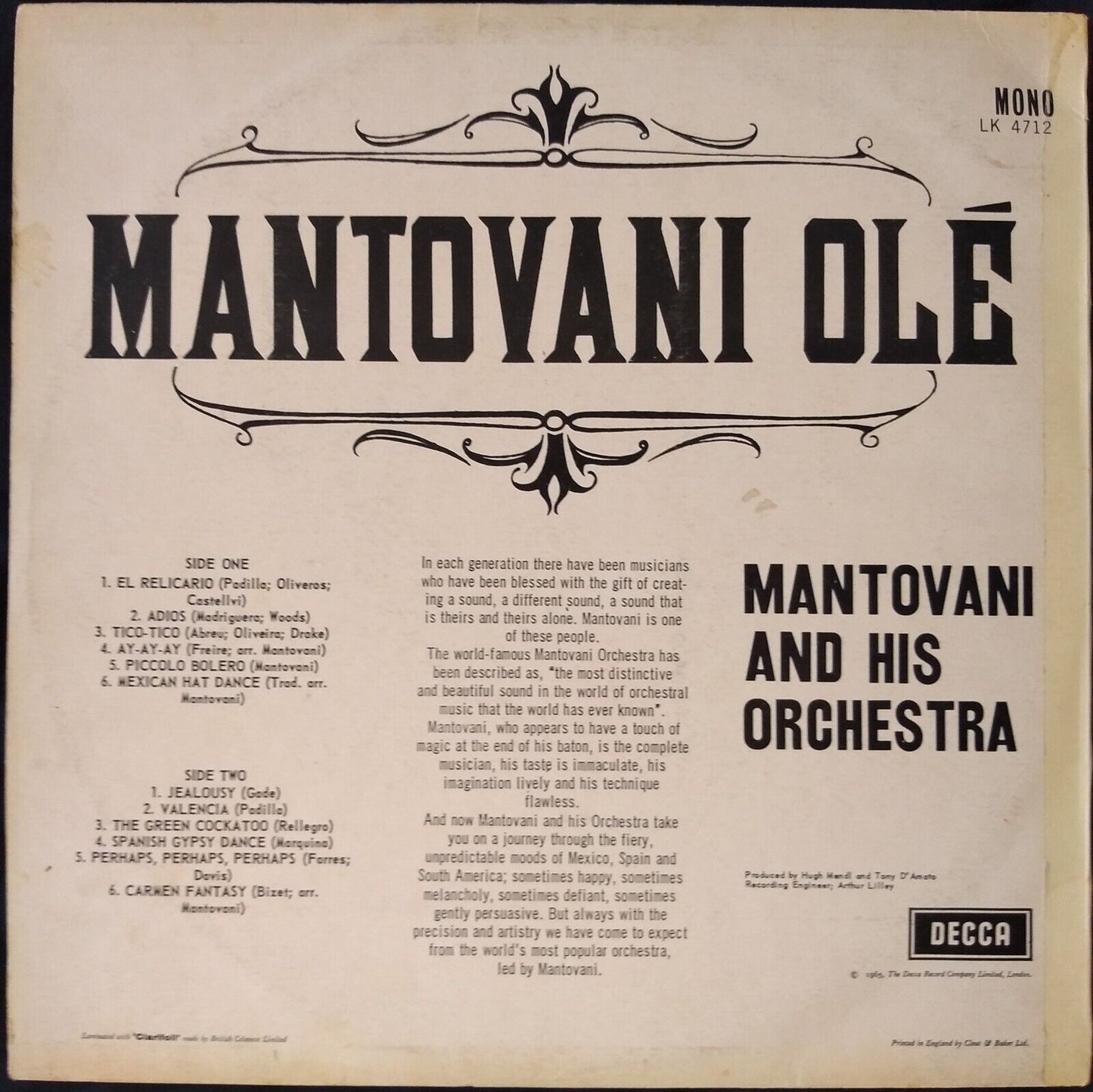 Mantovani - Mantovani Olé (Decca 1965) 12" vinyl LP VG/VG