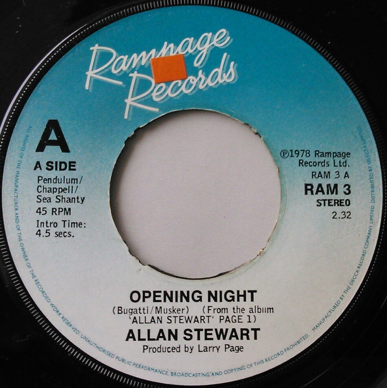 Allan Stewart – Opening Night (Rampage, 1978) 7" vinyl single VG/- jukebox