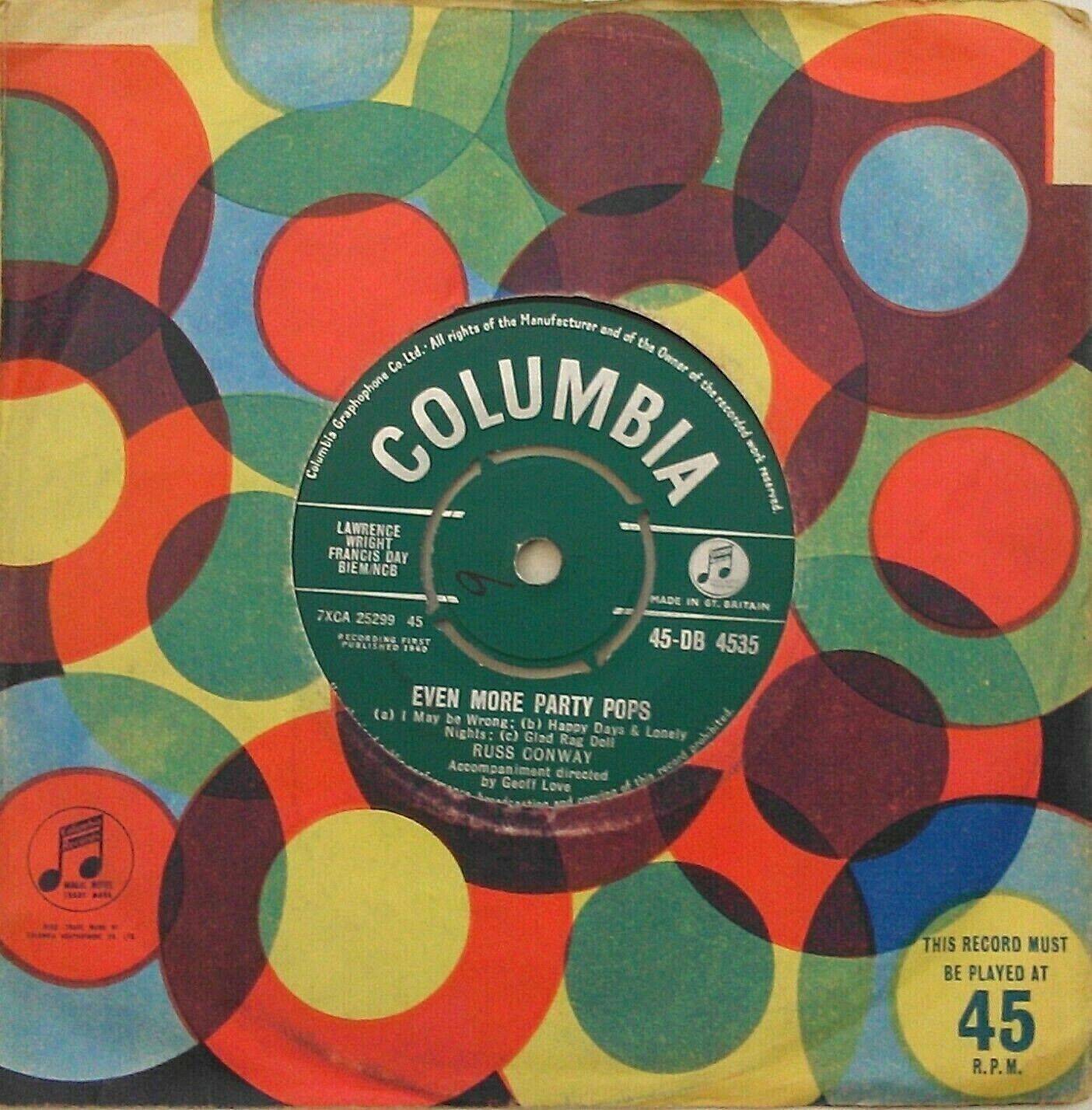 Russ Conway – Even More Party Pops (Columbia, 1960) 7" vinyl single VG/-