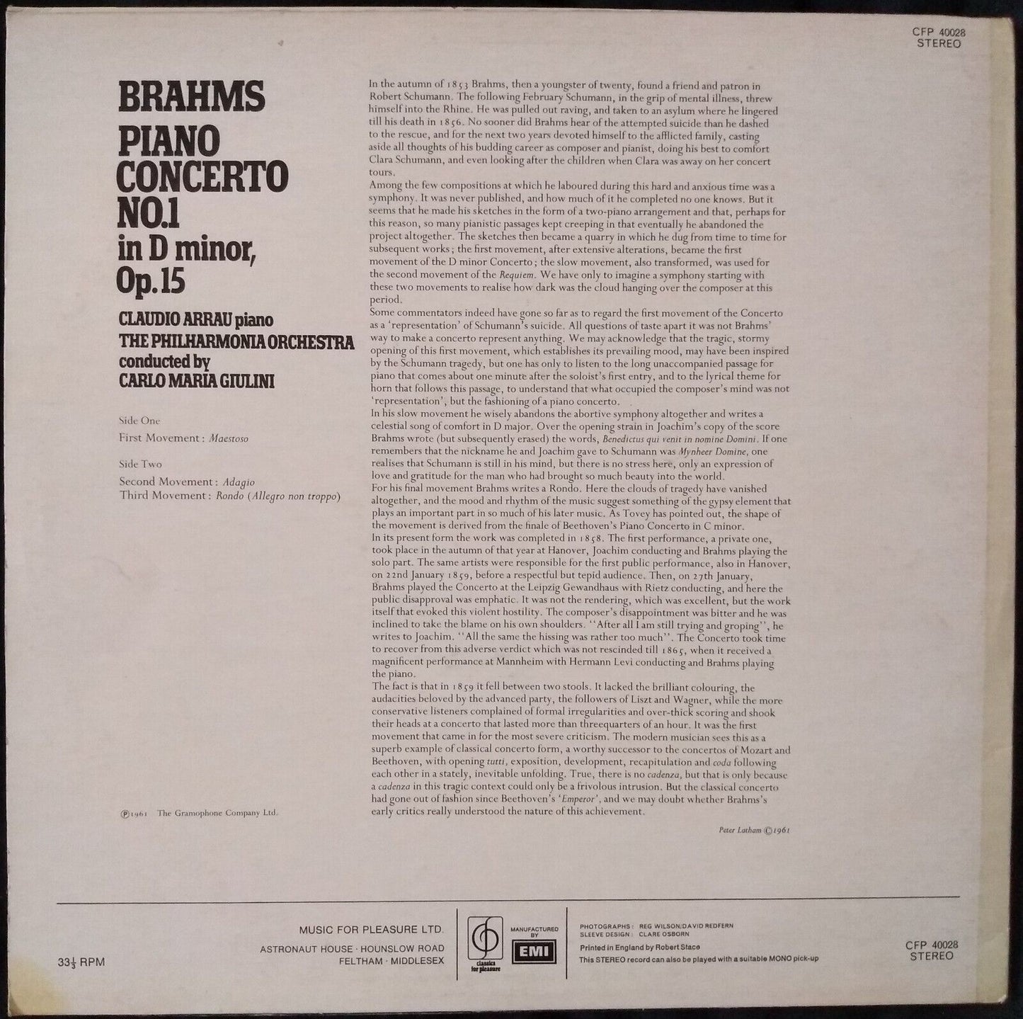 Brahms, Arrau - Piano Concerto No.1 (EMI) 12" vinyl LP VG/VG