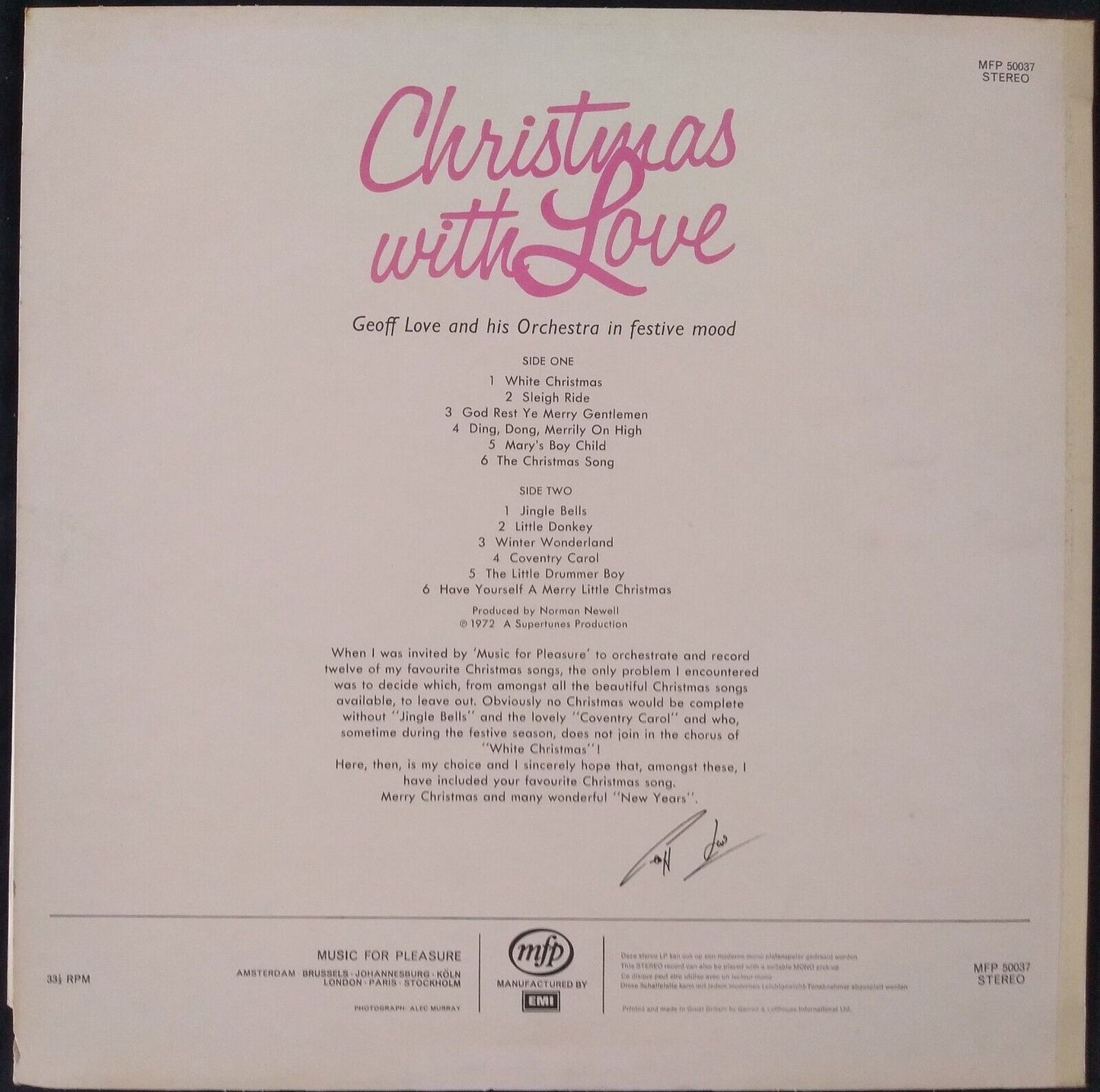 Geoff Love And His Orchestra - Christmas With Love (EMI 1972) 12" vinyl LP VG/VG