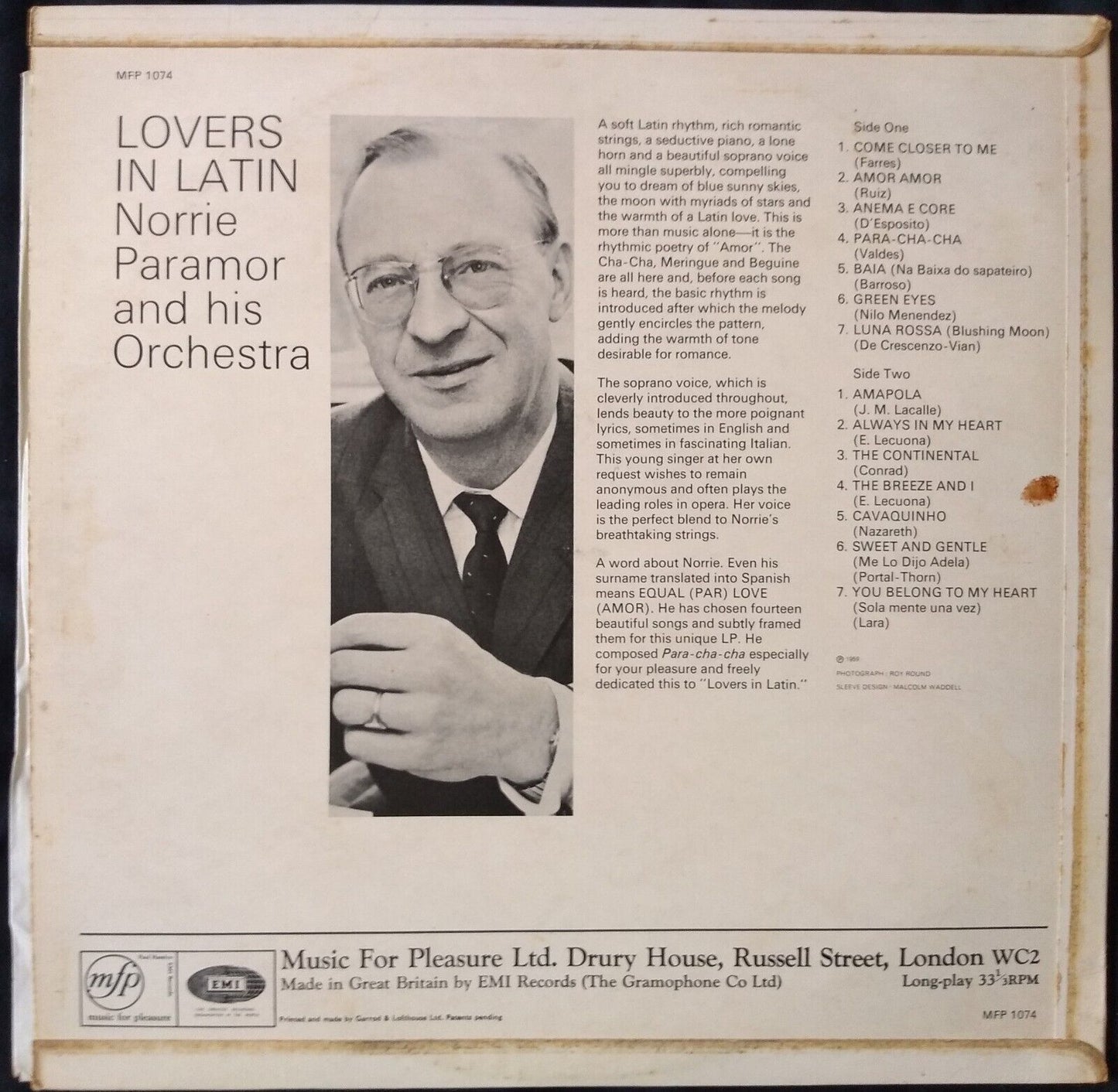 Norrie Paramor And His Orchestra - Lovers In Latin (EMI 1965) 12" vinyl LP VG/VG