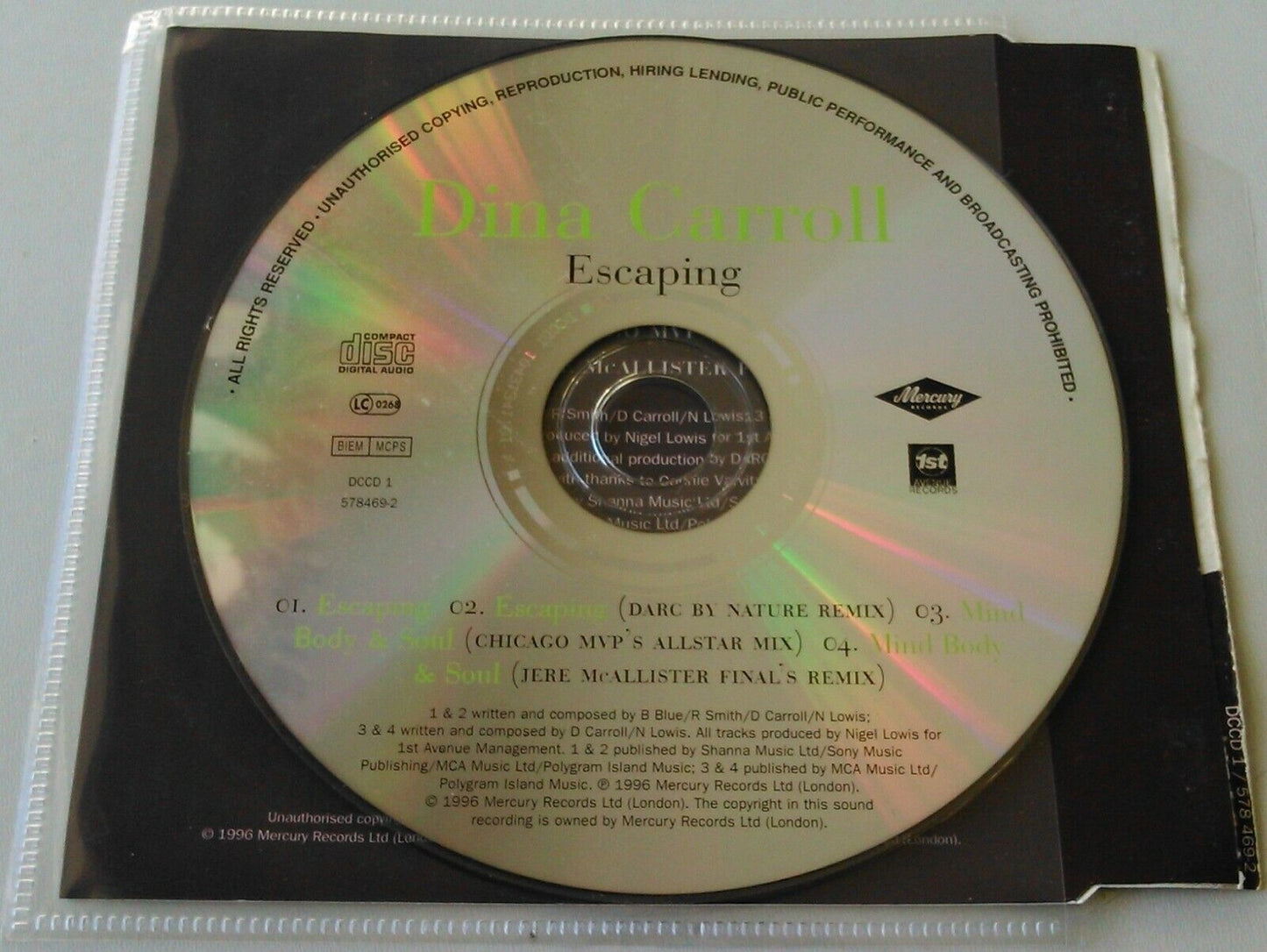 Dina Carroll ‎– Escaping (1996) CD single *no case - plastic wallet*