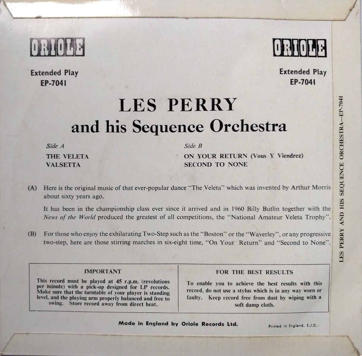 Les Perry & His Sequence Orchestra (Oriole 1960) 7" vinyl EP VG/VG