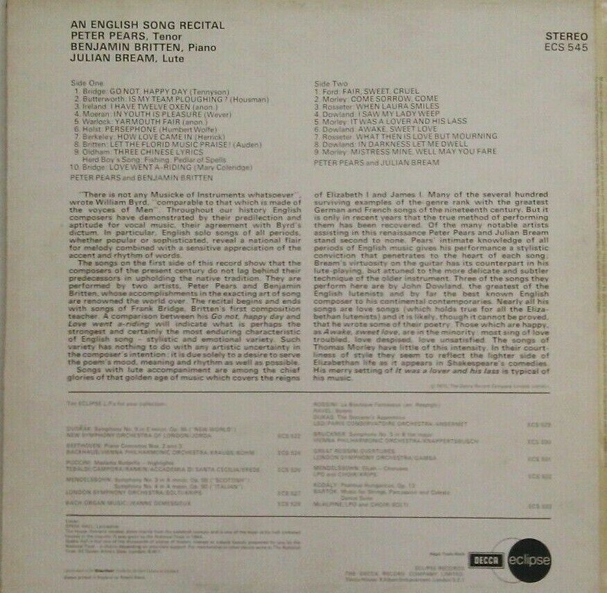 Peter Pears, Benjamin Britten, Julian Bream – An English Song Recital LP VG/VG