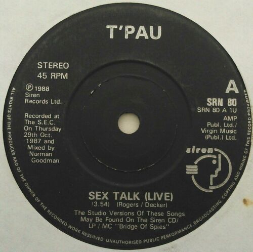 T'Pau – Sex Talk (Live) (Siren, 1988) 7" vinyl single VG/-