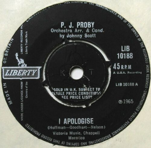 P. J. Proby – I Apologise (Liberty, 1965) 7" vinyl single VG/-