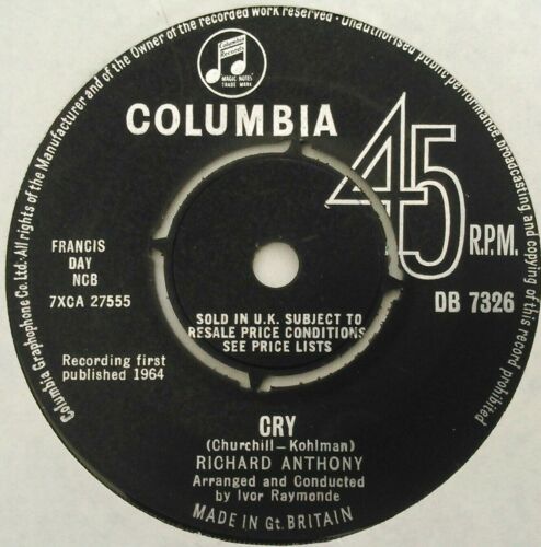 Richard Anthony - Cry (Columbia, 1964) 7" vinyl single VG/-