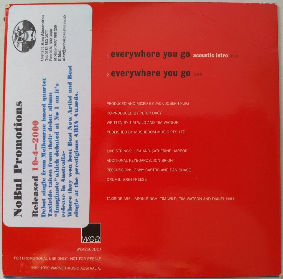 Taxiride - Everywhere You Go (1999) CD single promo