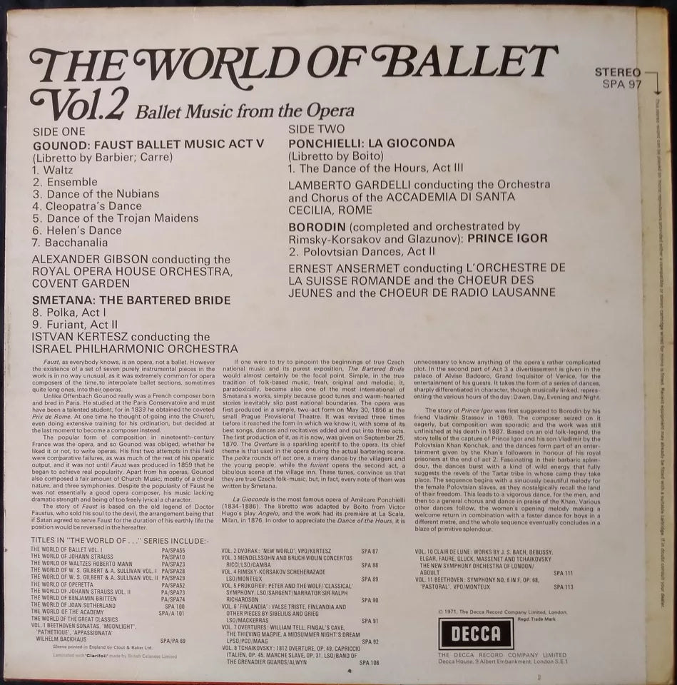 The World Of Ballet Vol.2 - Ballet Music From The Opera (Decca 1971) 12" LP VG