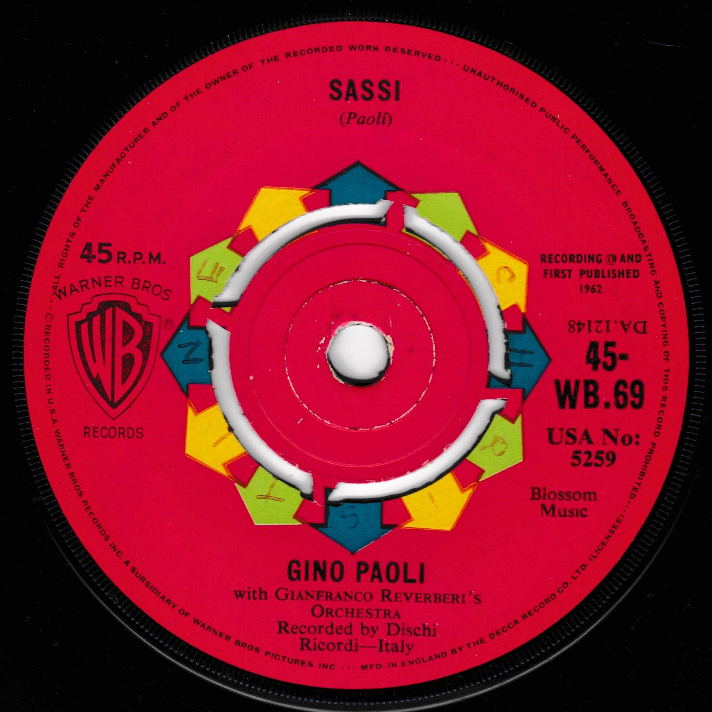 Gino Paoli / Emilio Pericoli ‎– Sassi / Al Di La (WB 1962) 7" vinyl single G+/-