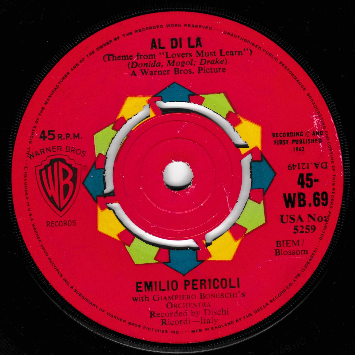 Gino Paoli / Emilio Pericoli ‎– Sassi / Al Di La (WB 1962) 7" vinyl single G+/-
