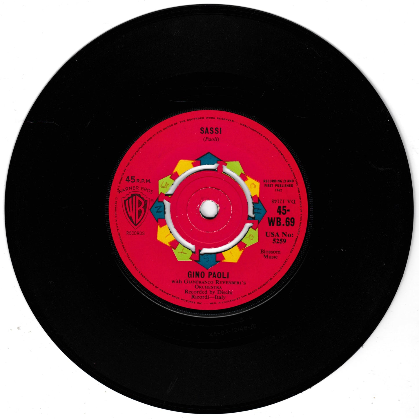 Gino Paoli / Emilio Pericoli ‎– Sassi / Al Di La (WB 1962) 7" vinyl single G+/-