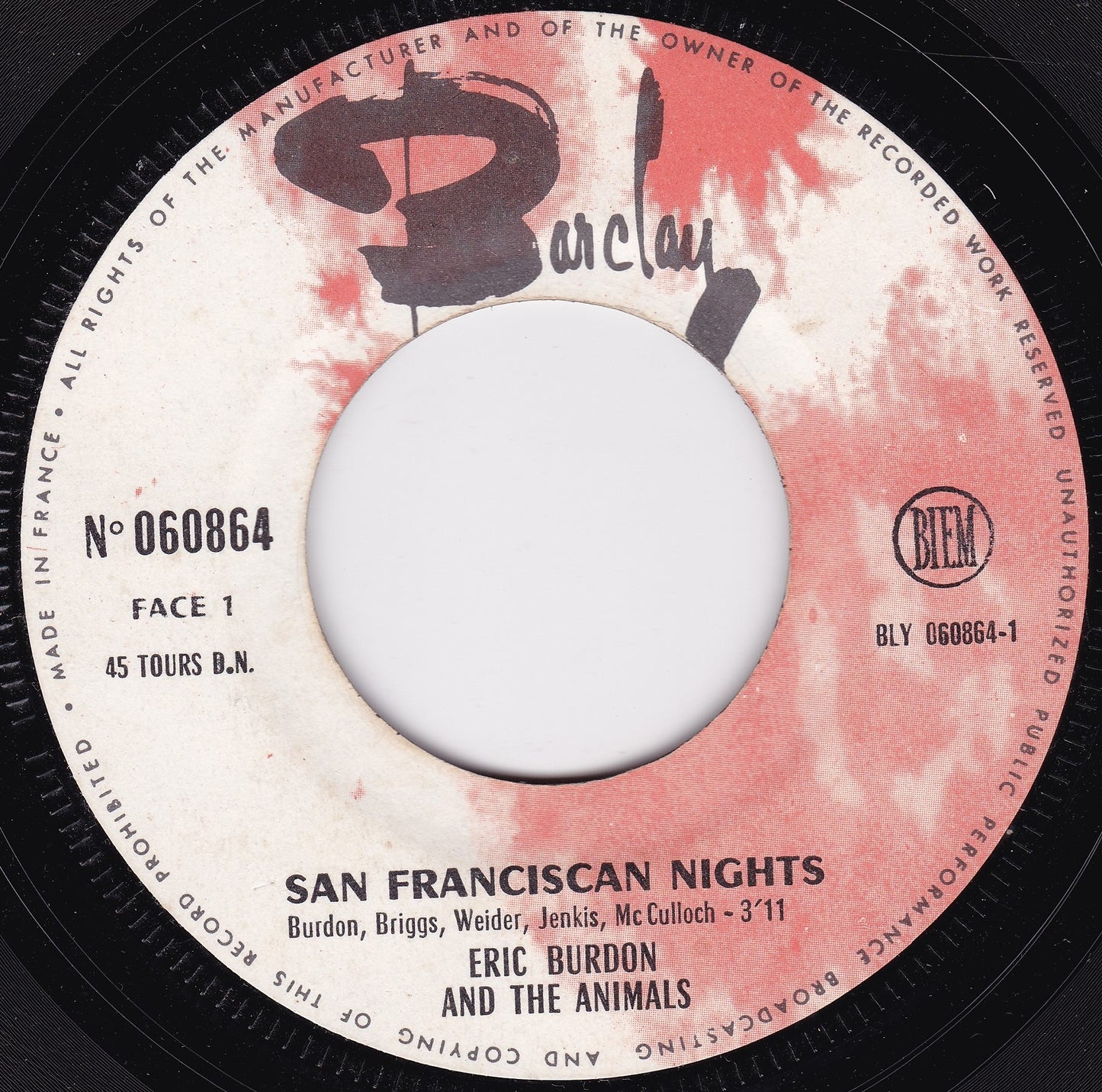 The Animals – San Franciscan Nights (Barclay 1967) 7" vinyl P/S single G/P French import