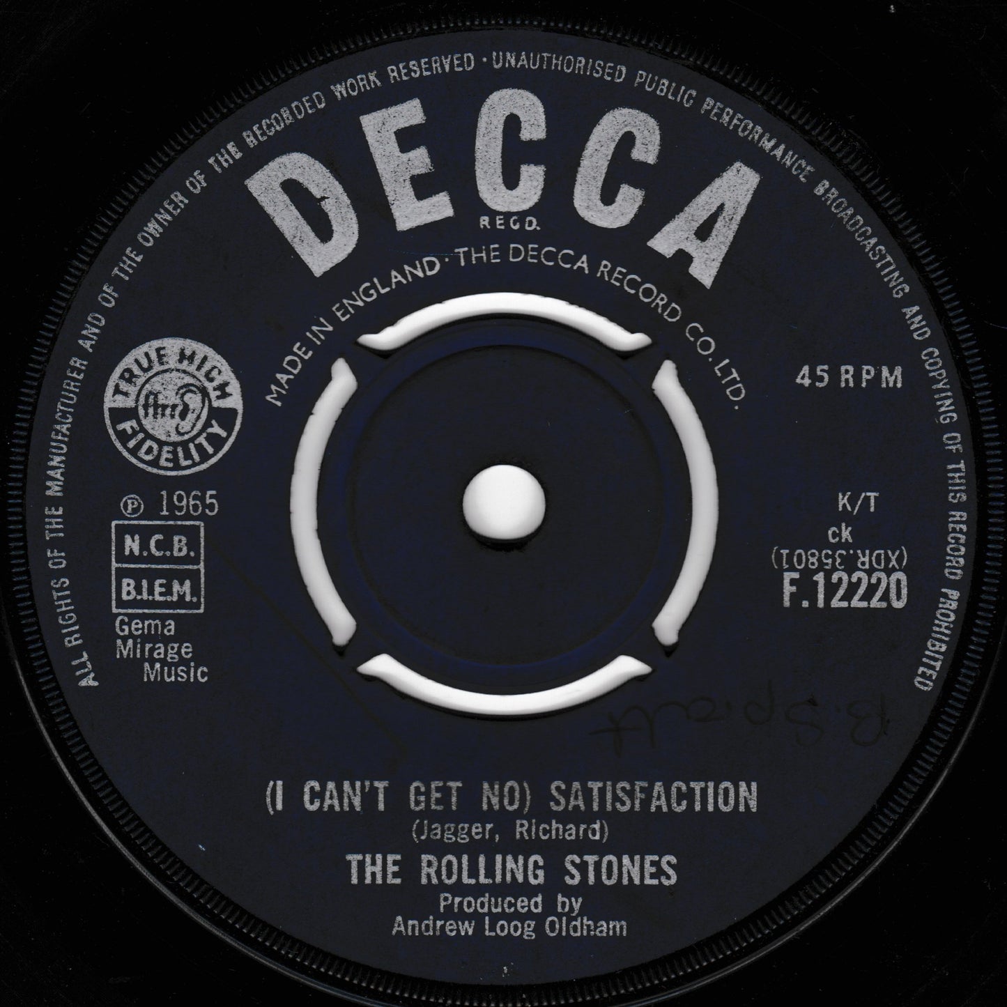 Decca record label for The Rolling Stones' 'I Can't Get No Satisfaction' from 1965.