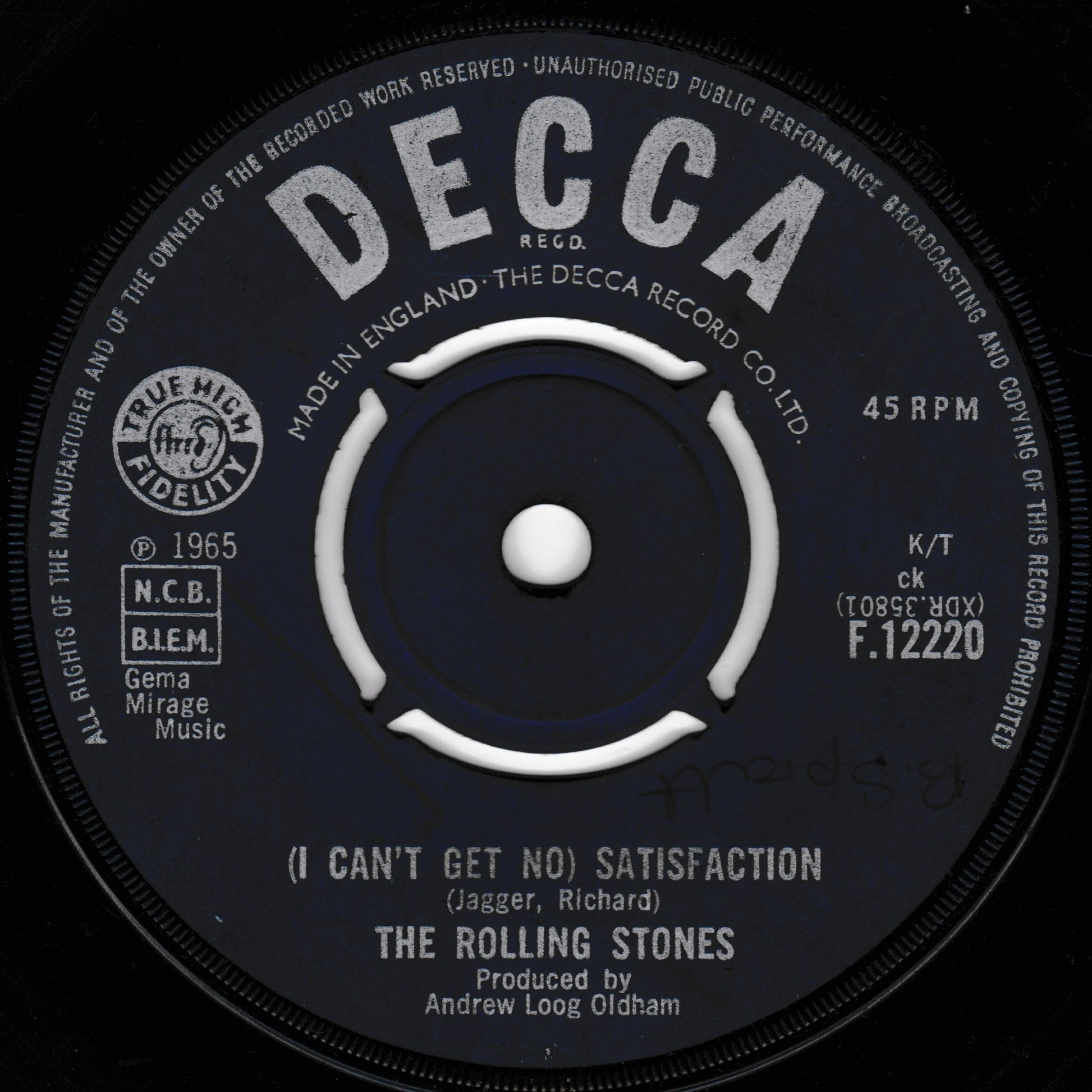 Decca record label for The Rolling Stones' 'I Can't Get No Satisfaction' from 1965.