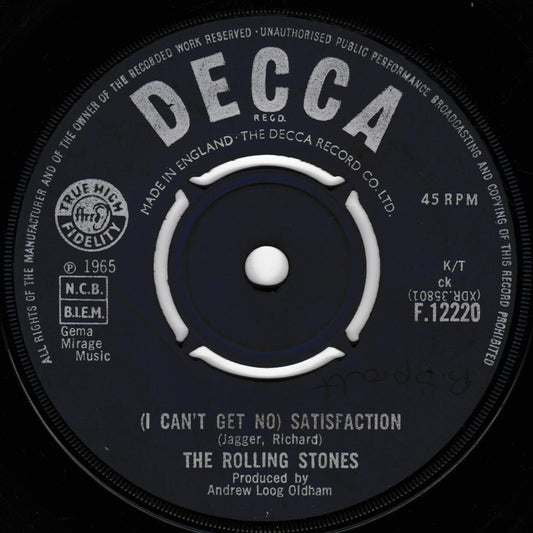 Decca record label for The Rolling Stones' 'I Can't Get No Satisfaction' from 1965.