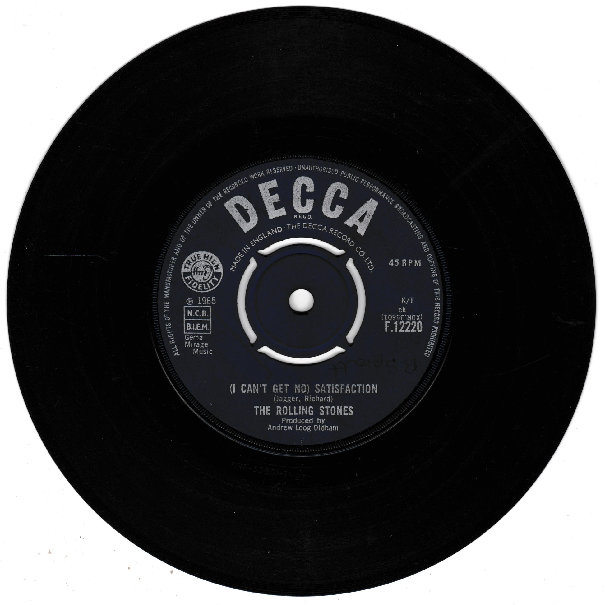 Black vinyl record with Decca label and Rolling Stones track listing