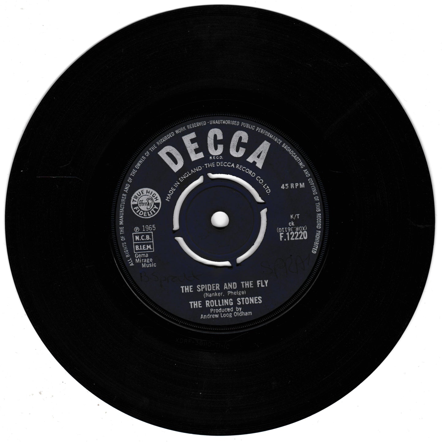 Black vinyl record with Decca label and Rolling Stones track listing