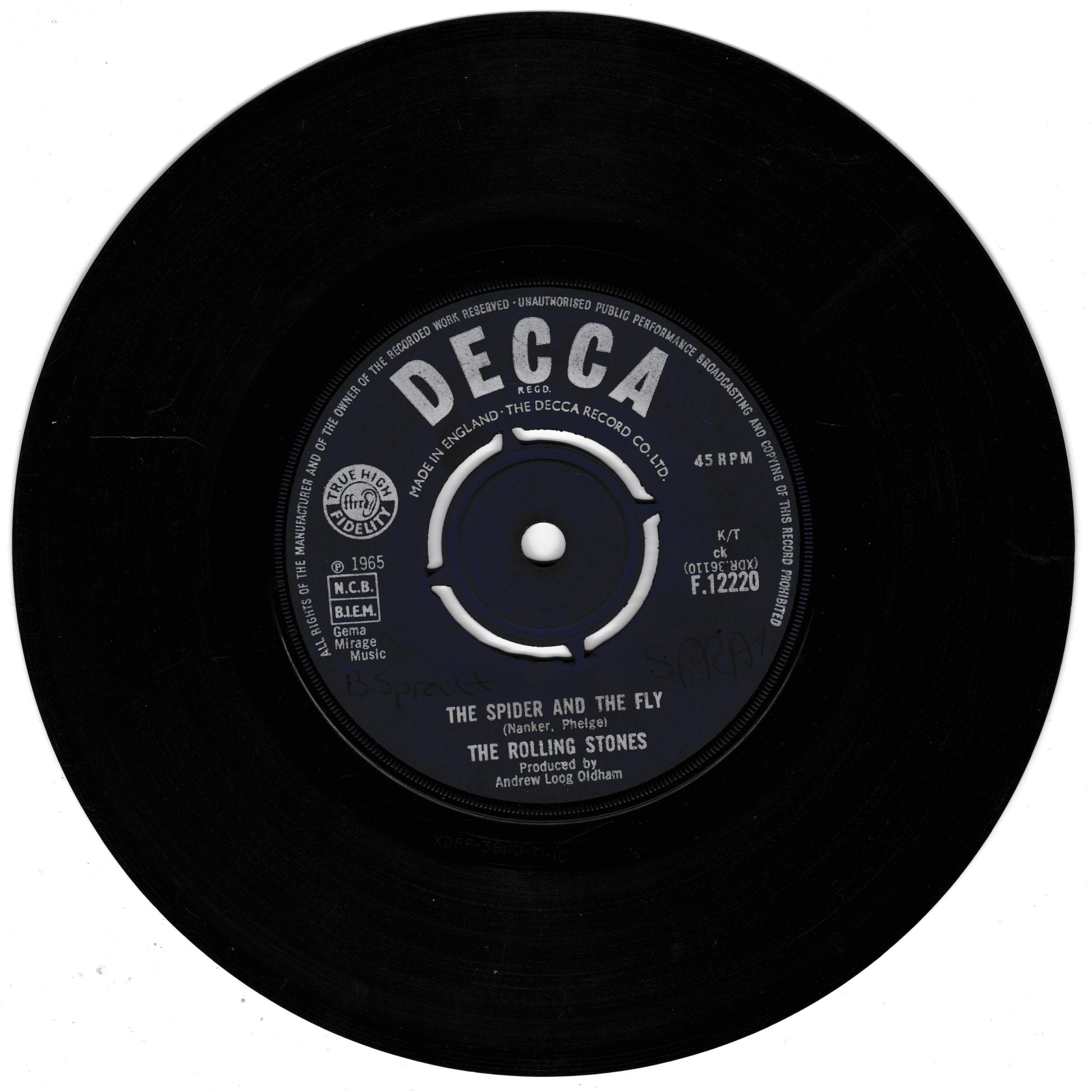 Black vinyl record with Decca label and Rolling Stones track listing