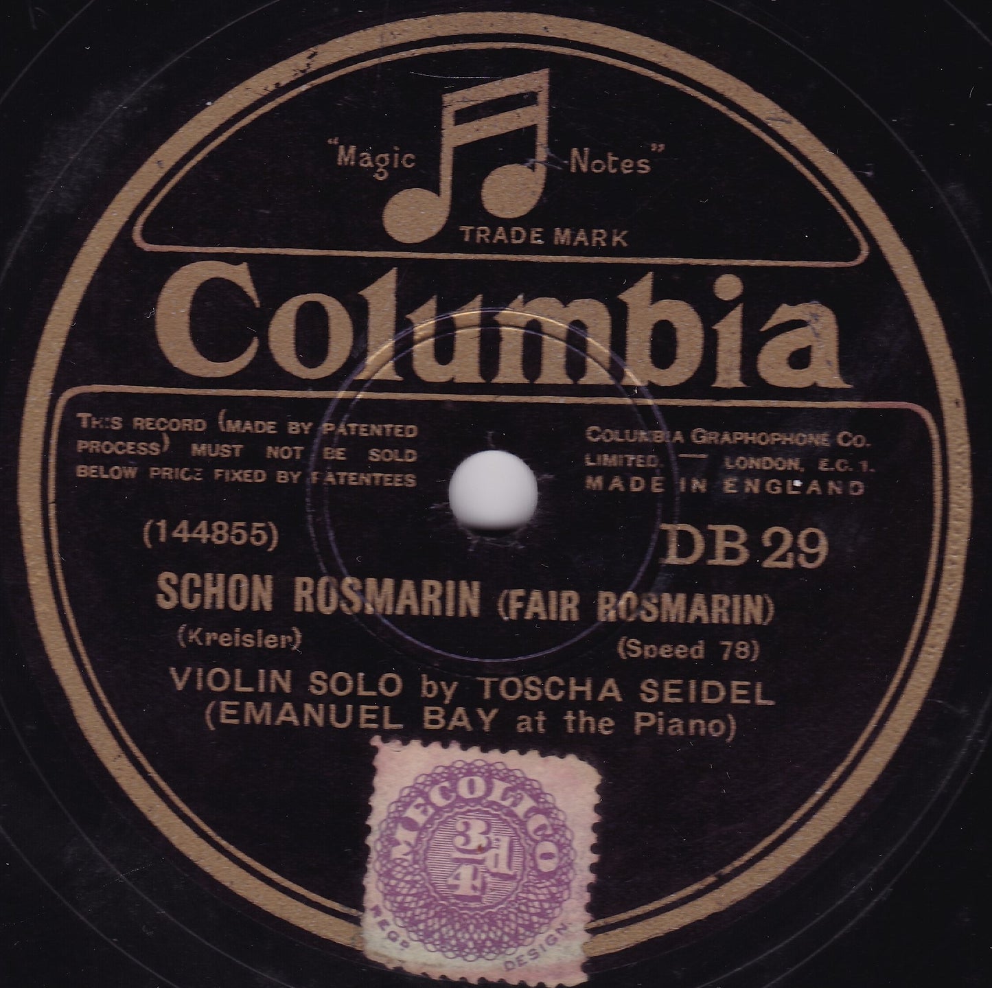 Toscha Seidel - Schon Rosmarin (Columbia 1929) 10" shellac VG/-