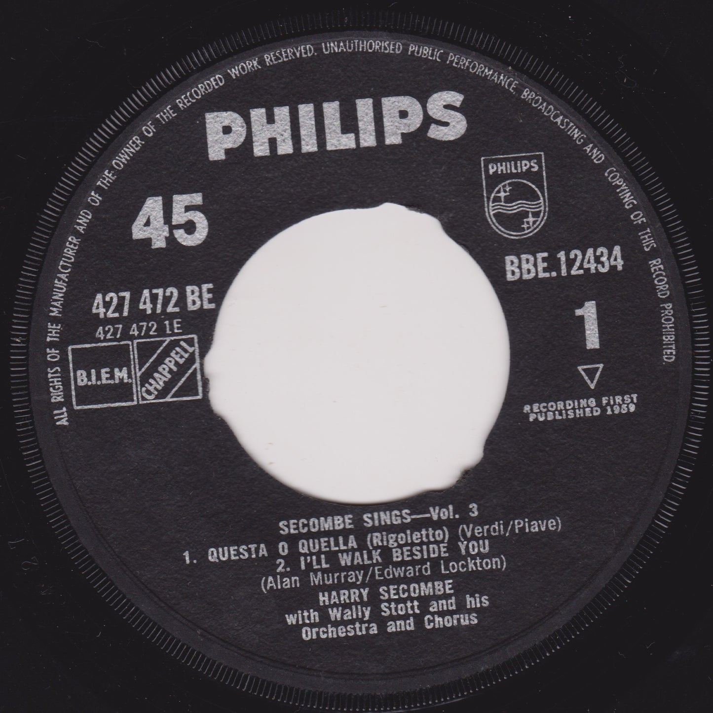Harry Secombe - Secombe Sings Vol. 3 (Philips, 1959) 7" vinyl EP G+/- jukebox centre