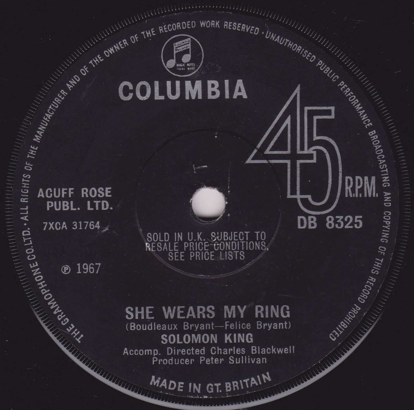Solomon King ‎– She Wears My Ring (Columbia 1967) 7" vinyl single VG/-