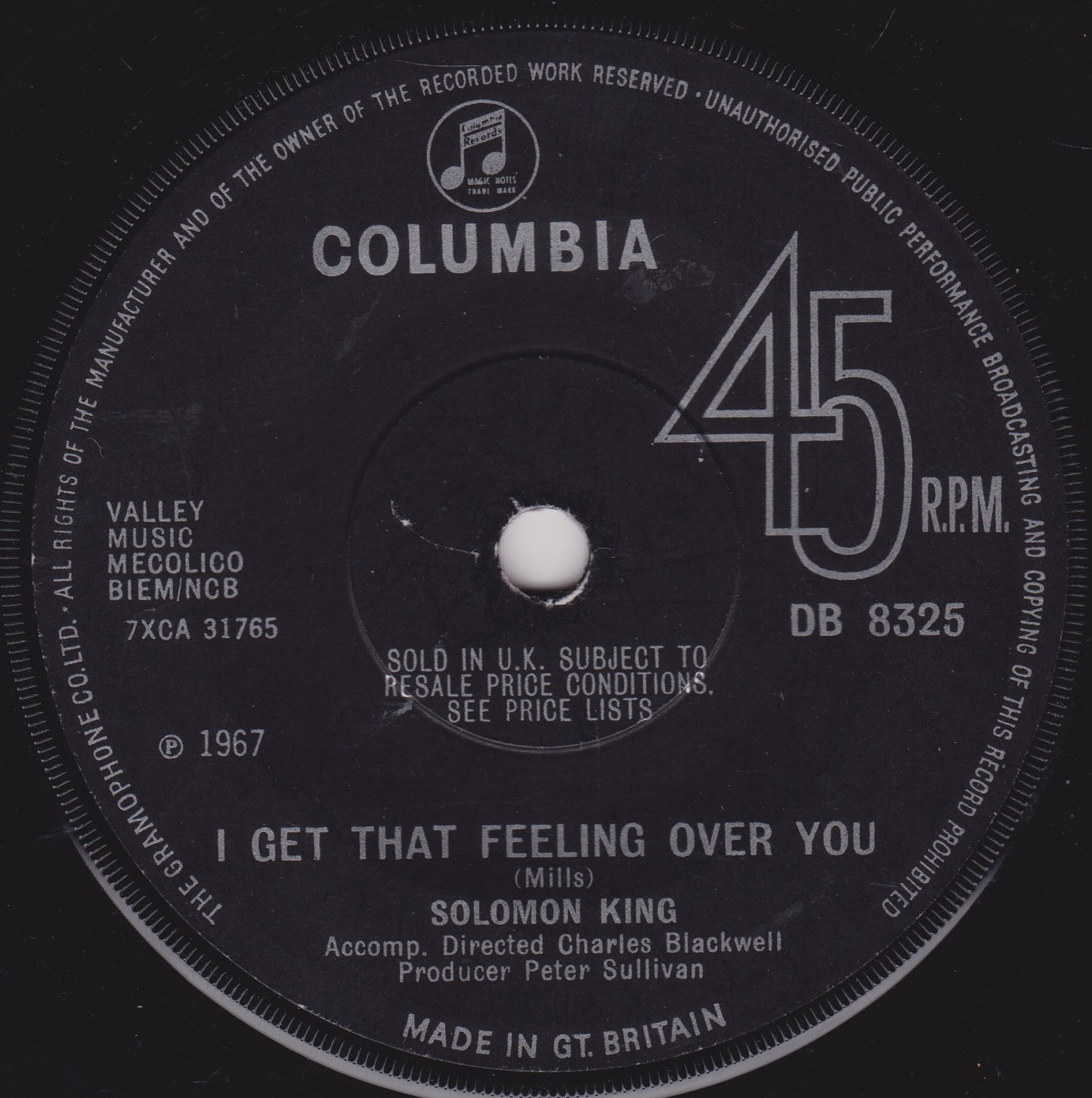 Solomon King ‎– She Wears My Ring (Columbia 1967) 7" vinyl single VG/-