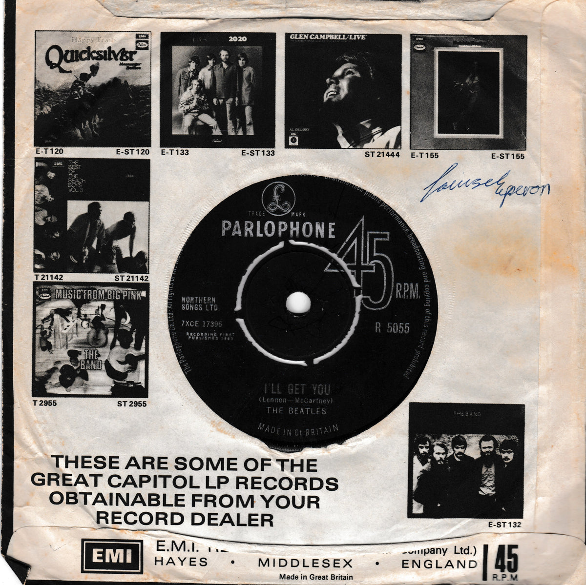 Vintage Parlophone 45 RPM single sleeve insert for The Beatles' 'I'll Get You', showing album cover thumbnails, catalog numbers, and a handwritten signature on aged off-white paper.