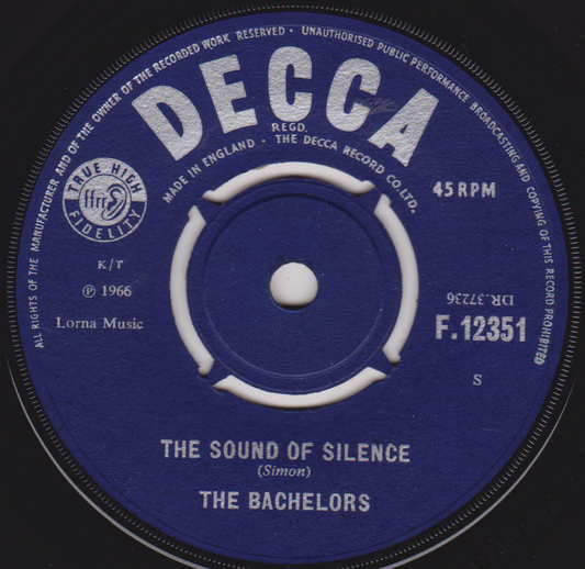 Decca record label for 'The Sound of Silence' by The Bachelors with blue and white design.
