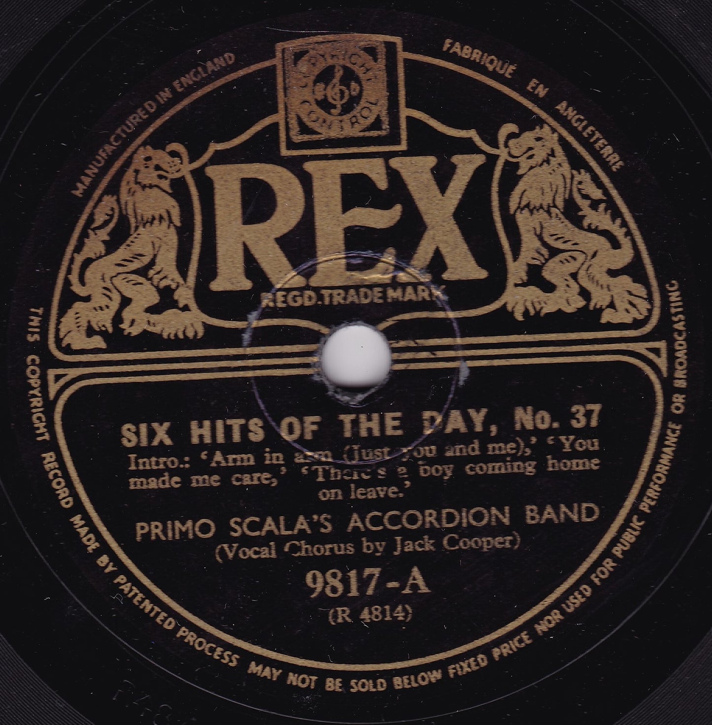 Primo Scala's Accordion Band - Six Hits Of The Day No 37 (Rex) 10" shellac VG/-