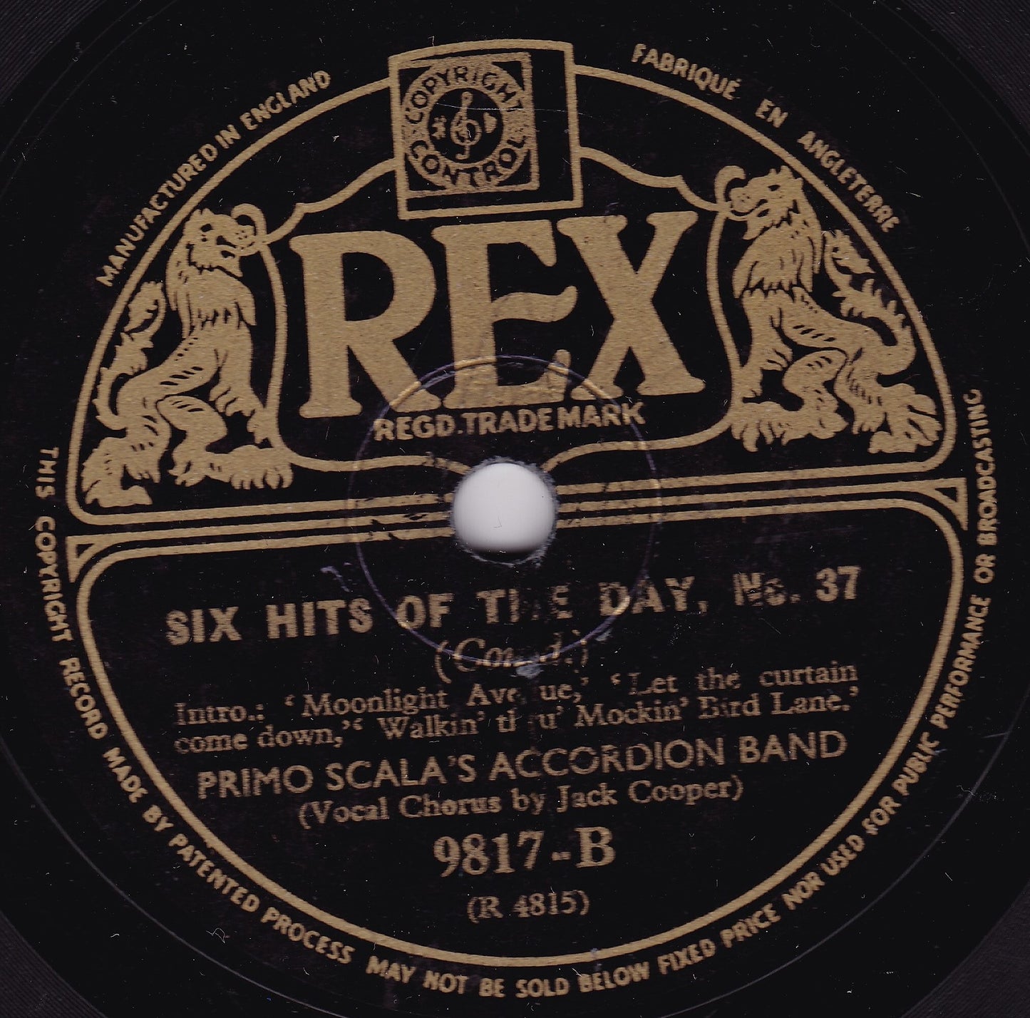 Primo Scala's Accordion Band - Six Hits Of The Day No 37 (Rex) 10" shellac VG/-