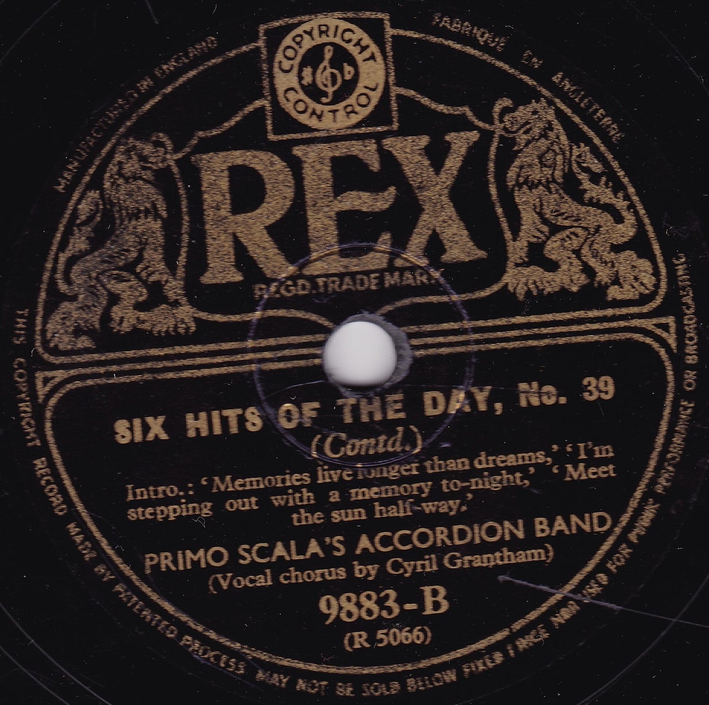 Primo Scala's Accordion Band - Six Hits Of The Day No 39 (Rex) 10" shellac VG/-