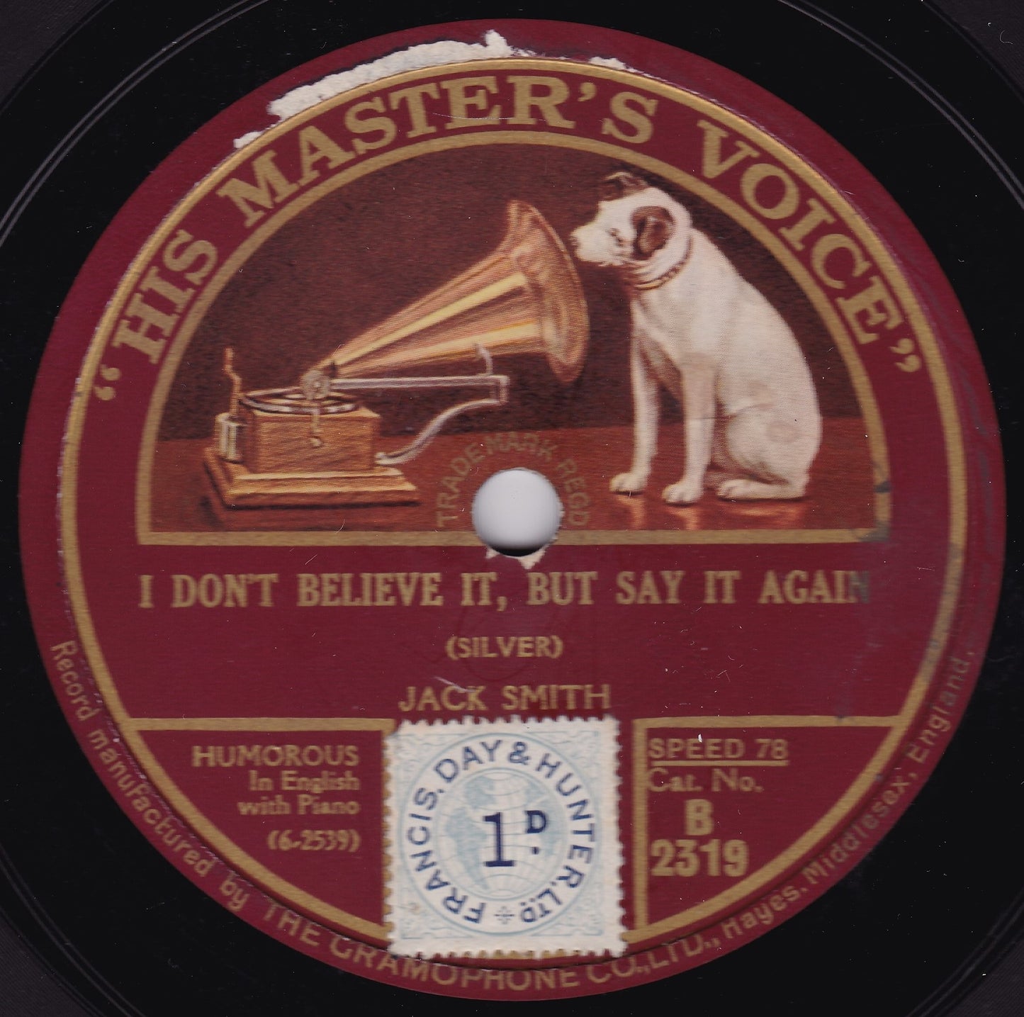 Jack Smith – I Don't Believe It, But Say It Again (HMV 1926) 10" shellac VG/-