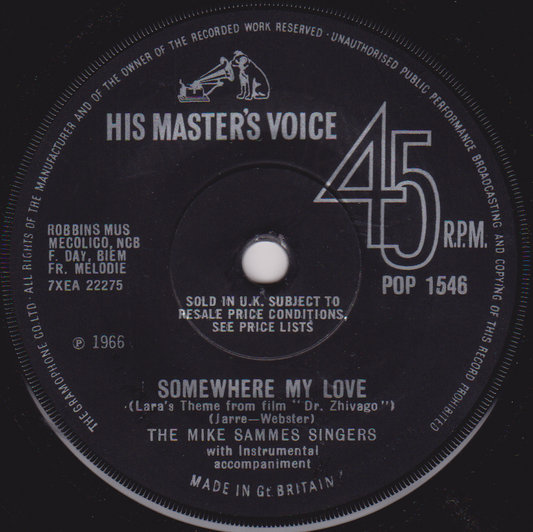 The Mike Sammes Singers ‎– Somewhere My Love (HMV 1966) 7" vinyl single VG/-