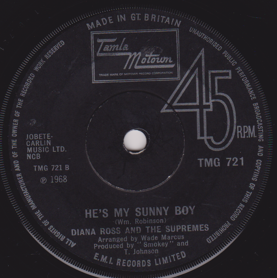 Record label of a 45 RPM record with Motown and Tamla labels.
