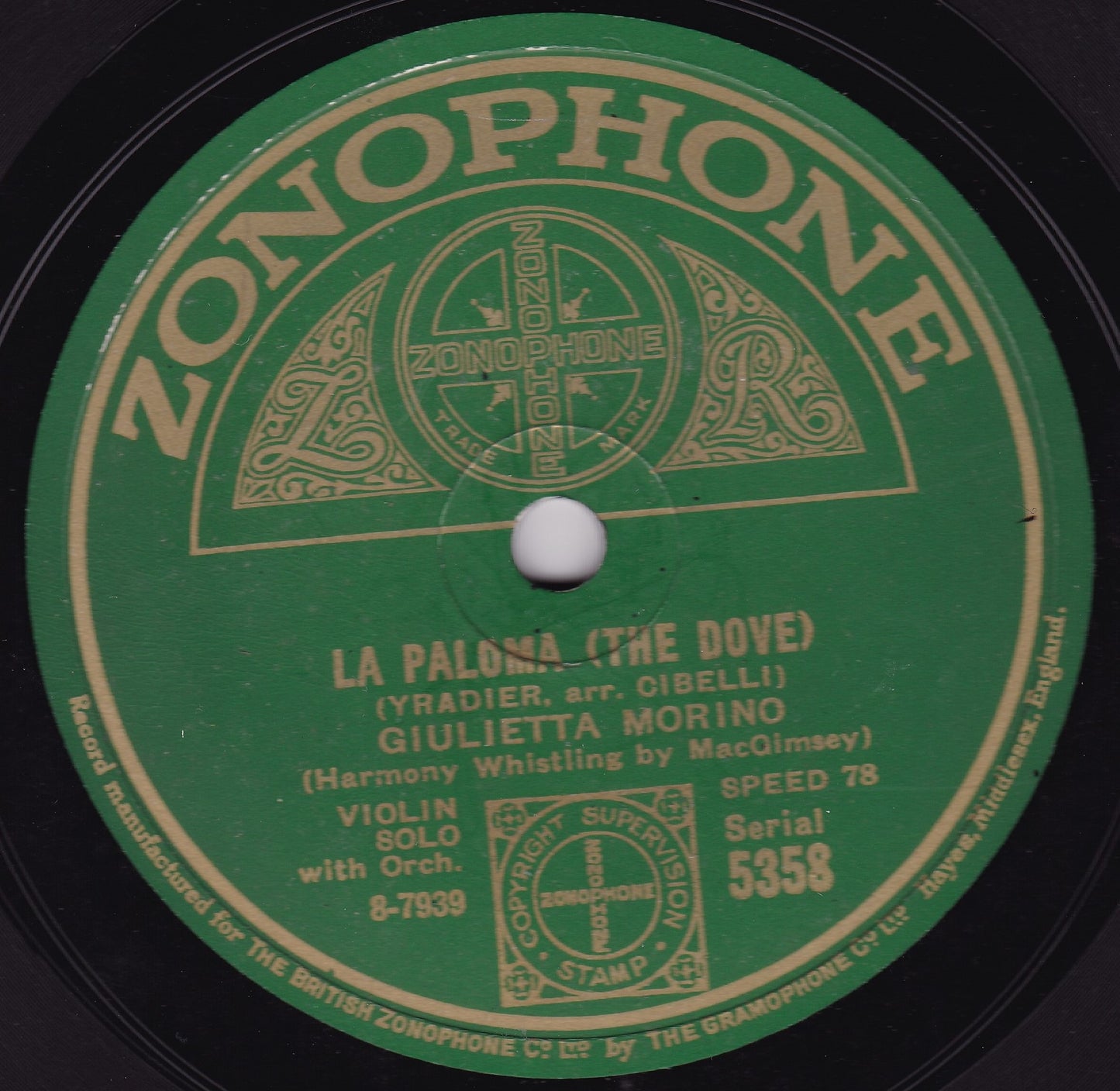 Giulietta Morino ‎– La Paloma (The Dove) (Zonophone 1929) 10" shellac VG/-